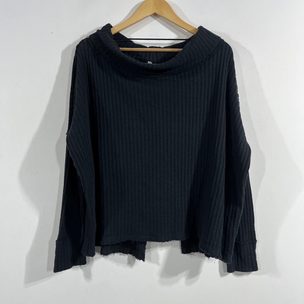 Free People VTG Oversized Boxy Waffle Knit Cowl Neck Thermal Top Large Lounge
